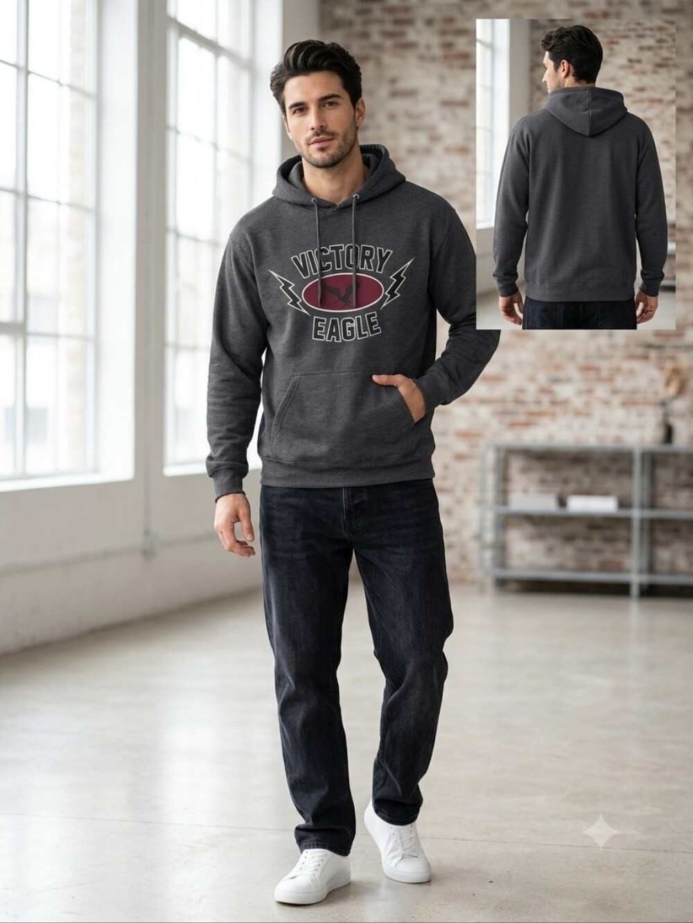 Victory Eagle Graphic Pullover Hoodie Charcoal Gray Fleece L Large